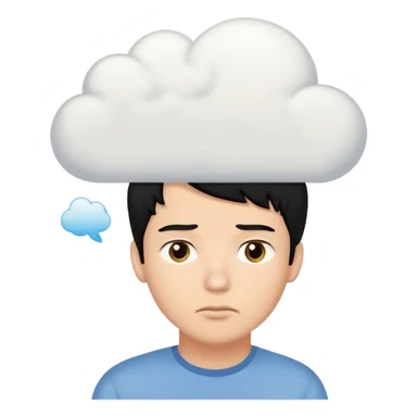 A thinking black hair male person with a white empty thought cloud sticker