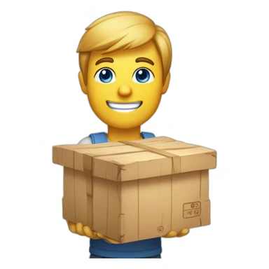 A person holding a box of wood with a beautiful smile will make any wooden product you want, he has a yellow food ball. Blue eyes and skin light beige. sticker