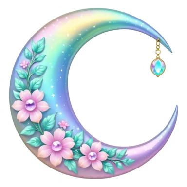 glossy Pastel iridescent floral shiny crystal crescent damask moon sticker
