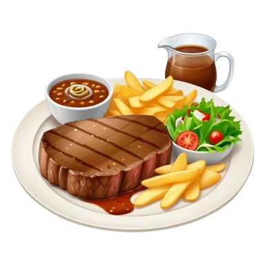 big juicy australian steak meal featuring chips, small salad in a ramikan and gravy in a small bowl on the plate sticker