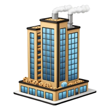 Outside view of a skyscraper-style cookie factory, multiple floors with glass walls, rooftop steam vents, vertical pipes running along the building edges, cookie logo on top, emoji-style sticker