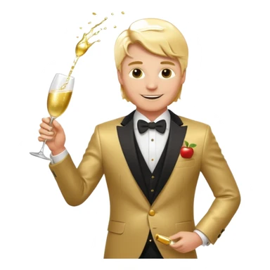 opulent healthy smart white man with golden hair, expensive suit, pouring champagne with a proud smile, apple style emoji sticker