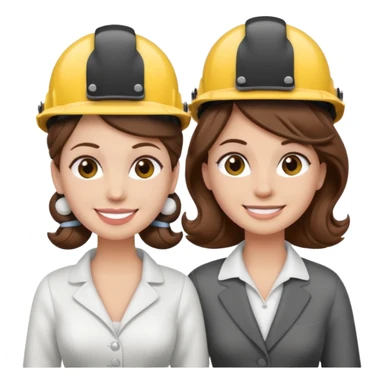 bride and groom couple, both with brown hair, bride has curlers in her hair, both wearing construction helmets and flats, both smiling, emoji style sticker