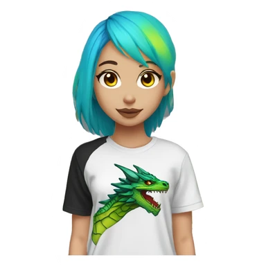 Lady with brunette and iridescent blue hair, gold, lime green dragon wings, black hoodie, bleach dyed, black and gold Nike t shirt, and bright red eyes sticker