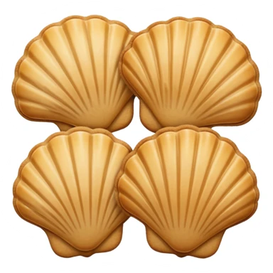 A madeleine pastry. Scalloped seashell shape with ONLY four to five vertical lines going in the same direction. Light golden brown. Scalloped edge. Cookie. Flat. Long. Oval shape sticker