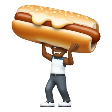 Man playing golf but the golf ball is a hot dog sticker