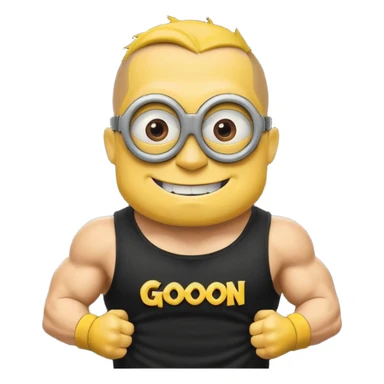 A buff minion wearing a black t shirt top with the words “never GOON” on the shirts chest area sticker