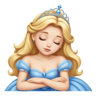 Cinematic Realistic Sleeping Cinderella Portrait, portrayed with exceptional realism: her luminous porcelain skin and exquisitely detailed golden-blonde hair lie softly under the gentle caress of natural light. Her eyes are peacefully closed in a serene, dreamlike slumber, and every fold and shimmer of her iconic ball gown is rendered with painstaking detail. The overall composition radiates a quiet, enchanting glow that encapsulates the timeless, restful beauty of a princess lost in a gentle, magical dream. sticker