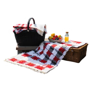 picnic basket and blanket next to a lake sticker