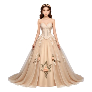 A luxurious strapless A-line wedding gown featuring a sheer lace corset bodice with structured boning, intricate floral embroidery, and a flowing layered tulle skirt adorned with delicate 3D floral appliqués for a soft, romantic, fairytale look. sticker