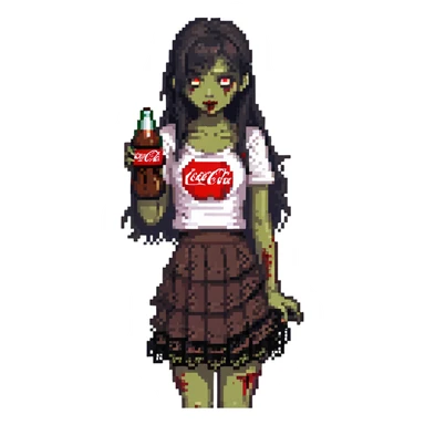 Generate an Asian girl, dark-haired, she's a zombie, wearing a skirt with lace, slightly torn,

Holding a bottle of Coca-Cola in her hands.

Background - a dark street in the style of Gotham City. sticker