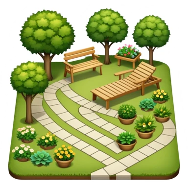 Icon for Landscape Design: a garden layout with trees, plants, pathways, and outdoor furniture, along with design tools like a ruler and sketchpad. The icon should represent the creativity and planning behind landscape design. Transparent background. sticker