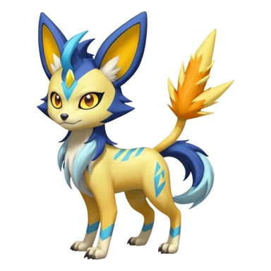 Feral Lightning-patterned Zig-zagged buzzy fuzzy Meloetta-Renamon-Zeraora-Luxray-Cobalion-Suicune-Vernid-fusion-hybrid-creature, full body  sticker