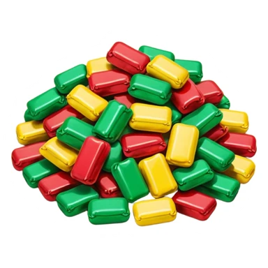 pile of colorful wrapped candies with twisted cellophane ends, shapes vary (round, oval, square), glossy surfaces, vibrant colors like red, yellow, and green, soft lighting, subtle shadows, emoji scale sticker