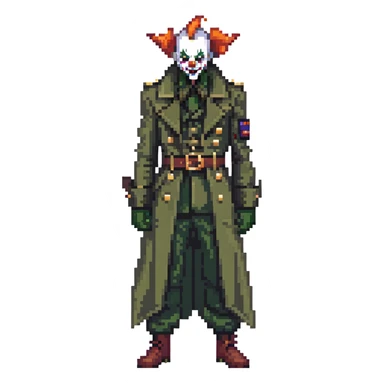 evil clown soldier, bald, small black horns on forehead, fangs, pointed ears, eye patch over one eye, long coat over black and military green clothes with bellbottom pants, realistically proportioned, less bulky, full body, fighting stance sticker