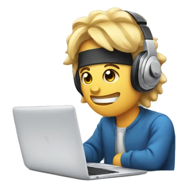 2d emoji working on laptop with headphones sticker