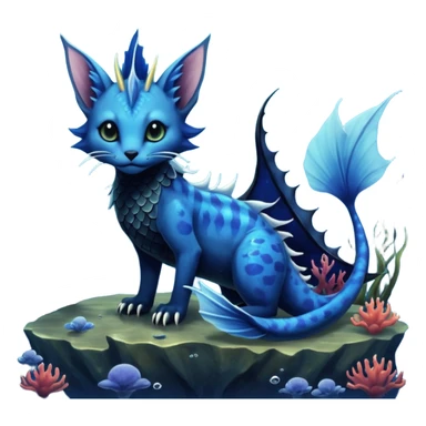 Epic complex abyssal fantasy swampy glorious detailed dark dusky gloomy deep gothic gloomy cobalt-blue-abyss-blue-black-greyish, realistic Fakémon-Sprigatito-Floragato-Meowscarada-Vaporeon-Salandit-Trico-Sergal-Serval-Vernid-creature (full body) with mermaid-ears, tail fin, shiny sparkly, iridescent sticker