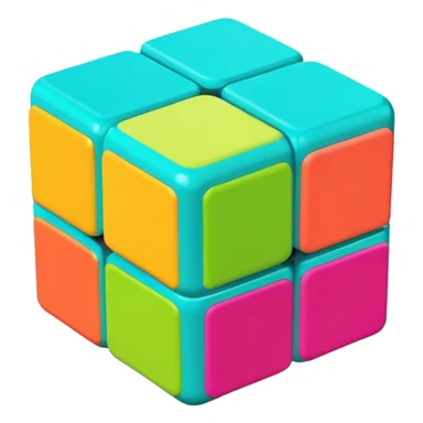 A 3x3 Rubik's Cube with vibrant tropical colors: bright turquoise, hot magenta, lime green, sunshine yellow, coral orange, vibrant aqua, minimalist iOS emoji style sticker