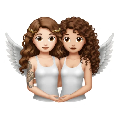 fake angel pose — long wavy brown hair tattooed woman and short tight curly brown hair woman — halo sparkle sticker