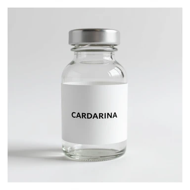 transparent glass vial with cap, white label with the word 'CARDARINA' prominently displayed, hyperrealistic 4K style sticker