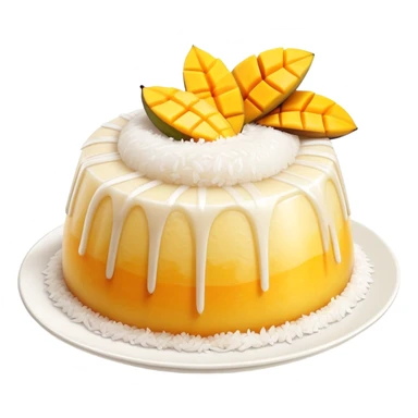 cinematic-realistic-mango-sticky-rice-dessert-emoji,-showcasing-sweet-sticky-rice out of a mould-paired-with-ripe-mango-slices-and-coconut-milk-rendered-with-lifelike-detail-and-warm,-inviting-lighting with the coconut  milk over the rice sticker