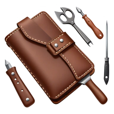 Leatherworking icon, piece of raw leather being crafted into a leather wallet or belt, professional tools like leather stitching awl, edge beveler, hammer, prying tool, minimalistic style, clean lines, transparent background. sticker