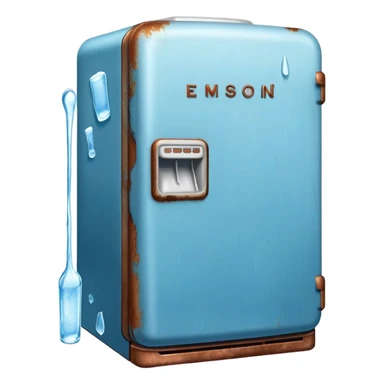 old blue refrigerator with ice inside sticker