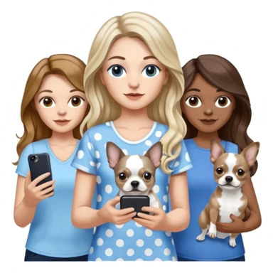 Three women in summer clothes holding iPhone, hazel eyed light skin with dark blonde long hair and Brown eyed light skin brown long wavy hair, blue eyed light skin long blonde hair that have their 2 dogs that are blue spotted Merle Frenchie, black and tan chihuahua  sticker