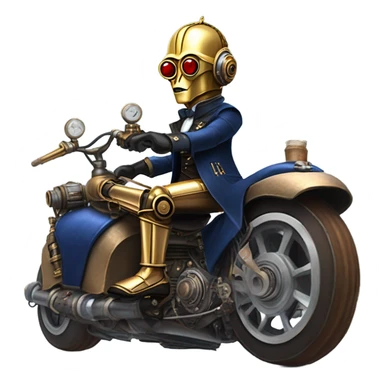 C-3PO wearing a pair of navy-blue rimmed steampunk goggles, hat, leather chaps, fringe jacket riding a fast 3 wheeler trike steampunk motorcycle on ice  sticker