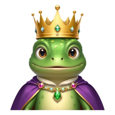 frog king portrait, head and shoulders only, small jeweled crown, royal cape collar, wise friendly eyes, fairy-tale vibe, 3D cartoon, mobile game icon style, clean background, no text, no watermark
 sticker
