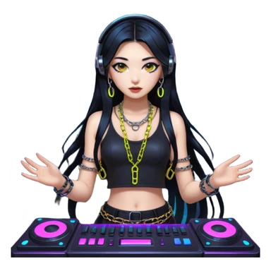  korean-techno-dj-girl,-wearing-a-stylish-edgy-outfit-with-metallic-chains,-long-black-hair,-performing-in-a-neon-lit-underground-club,-cyberpunk-aesthetic,-high-detail-3d-emoji-style,-energetic-and sticker