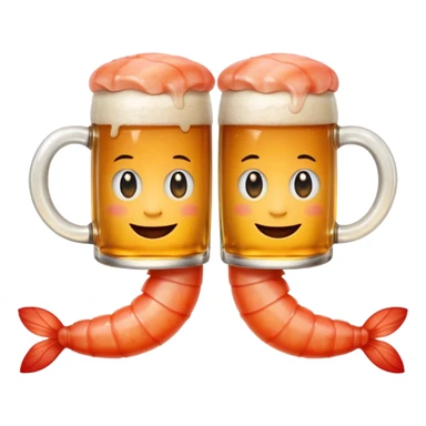 Design a trendy emoji-style illustration of two shrimp peeking from behind text, only half of their bodies visible, curious and playful expressions.
One shrimp holding a beer mug, the other pointing forward.
 sticker