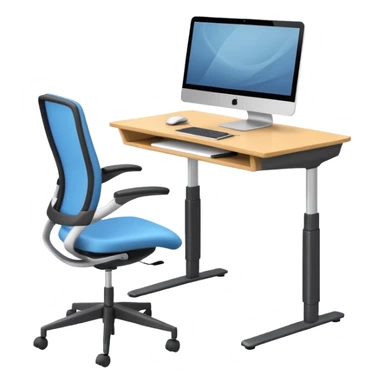 3D minimal icon of a height-adjustable motion desk with a modern ergonomic office chair, featuring a subtle accent in #FF3D00. Clean, high-end, and modern style. sticker
