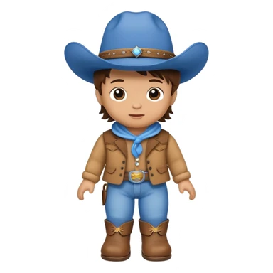 A soft plush baby cowboy doll with a blue hat and tiny boots sticker