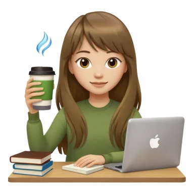 a designer with light skin long brown hair bangs waving, stack of books, coffee cup on top, water bottle, computer, matcha, no glasses sticker
