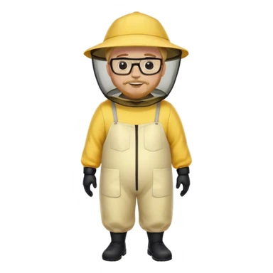 full body medium plus size male bee keeper in yellow and black with short light strawberry blonde hair and goatee wearing glasses with bee keeper hat sticker