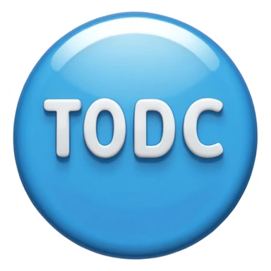 A glossy, three-dimensional emoji pin badge showing the text "TODOC". The font is modern, rounded, sans-serif, and colored in a professional medical blue. The badge has soft edges and reflections, in the style of Apple emojis. White background. sticker