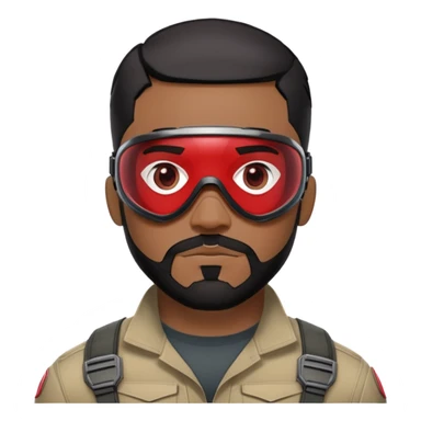 sam wilson have a short, neatly cropped black hair. It is evenly trimmed and close to the scalp, maintaining a clean and military-inspired and  a well-groomed beard that connects to his mustache,  wear sleek, red-tinted tactical goggles fit snugly from captain america: civil war sticker