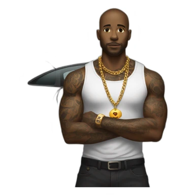 A black man with the right arm tattoed, with a car on the back and a gold chain on the neck  sticker