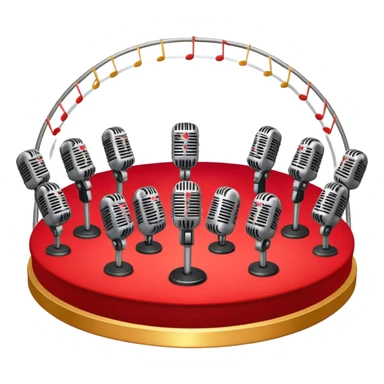Create a vibrant and dynamic emoji that represents choral vocal performance. The design should feature 10 vintage stage microphones arranged in a semi-circle on a concert stage, symbolizing a vocal group or choir. Add musical notes flowing around the microphones to represent harmony and unity in the performance. Include concert lighting and a celebratory atmosphere to convey the excitement of live music. Use bright, bold colors like red, gold, and silver to emphasize the energy and glamour of the stage. The background should be transparent. sticker