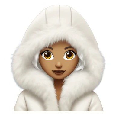 Tanned Girl with lashes , platinum blonde hair, in an extremely big fluffy oversized white fur coat with hood on. The fur is real and it’s very obvious big and fluffy like in Pinterest  sticker