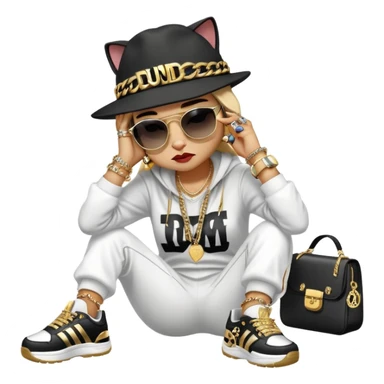 female cat wearing Run DMC hip-hop outfit with tracksuit, fedora, Adidas sneakers, dark sunglasses, many gold chains, rings, bracelets, flashy earrings, lying on the ground in distress, crying sticker