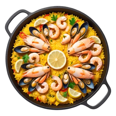 cinematic-realistic-paella-dish-emoji,-depicted-as-a-vibrant,-aromatic-rice-dish-loaded-with-seafood,-chicken,-and-saffron-rendered-with-rich-textures-and-dynamic,-warm-lighting with a lemon slice in the middle sticker