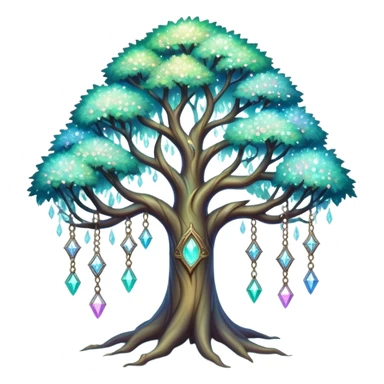 Spiritual magical ethereal iridescent tree with crystals hanging in it sticker