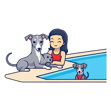 Slim Chinese woman with long black hair in appropriate pool attire relaxing by a swimming pool with her Italian greyhound that is COMPLETELY solid grey, with absolutely NO white markings anywhere, single uniform grey color throughout entire dog body sticker