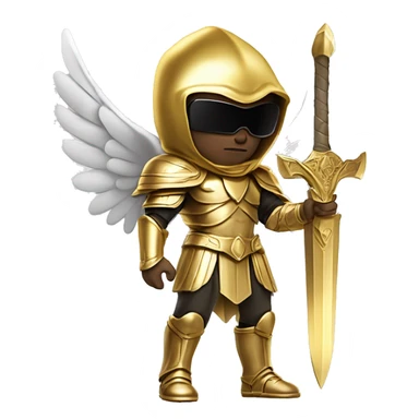 golden archangel, a guy of European appearance in black glasses, skin color light white, in full growth, with golden wings and in golden armor, in his hand a golden sword, in a golden hood sticker