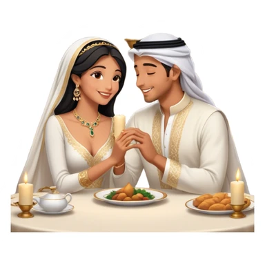 intimate moment a Arab couple at candlelit dinner. The woman, dressed in a sophisticated white gown with delicate jewelry, smiles as her partner, wearing a traditional black and gold bisht with a white ghutra, leans in to whisper or kiss her cheek. Their hands are gently intertwined on the table,M sticker