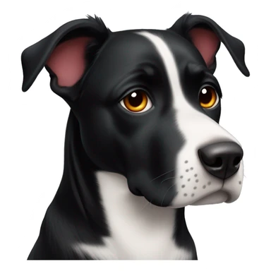 black dog with white patch, big jowls, sad puppy eyes, angel wings, red collar sticker
