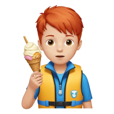 boy kid red haired wearing life jacket, eating ice cream sticker