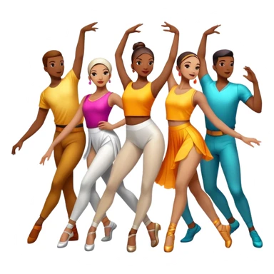 Icon for Contemporary Dance: a synchronized guys and girls group performance on stage with backup dancers in bright, modern outfits and dynamic lighting. The icon should capture the energy and coordination of a dance routine, with a focus on movement and stage presence. Transparent background. sticker